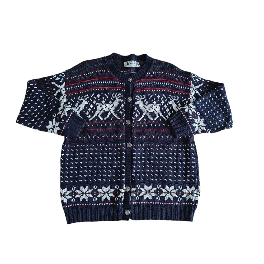 REI Vintage Men's Knit Dark Blue Fair Isle Cardigan Sweater Size M Unisex